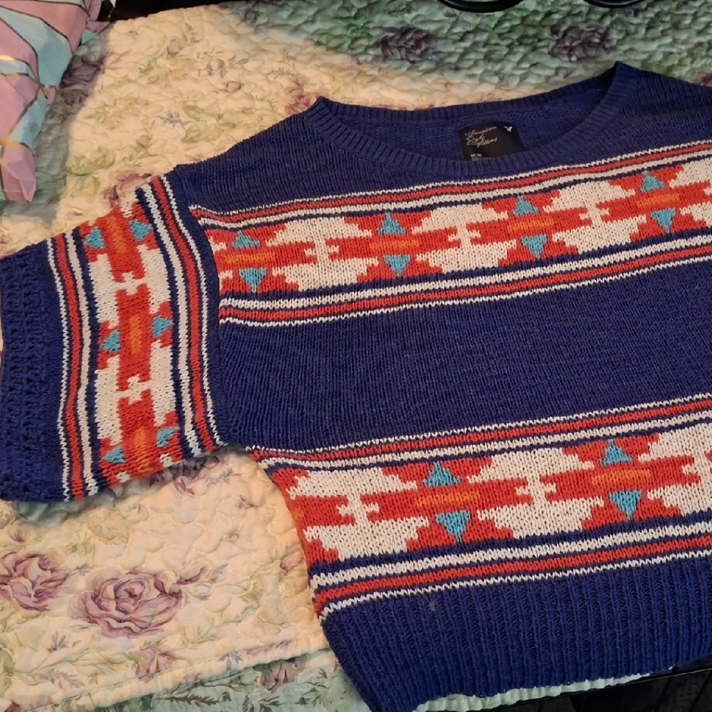 American Eagle Outfitters Blue and Red Knit Top